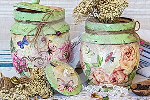 Handcrafted and decoupage hand decorated containers photo