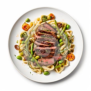 Handcrafted Designs: Vibrant Steak And Pasta Plate With Green Beans