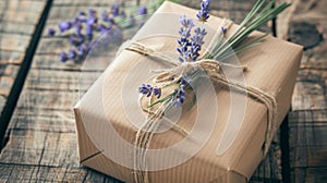 The handcrafted essence of a brown paper-wrapped gift, tied with twine and embellished with fresh lavender, sitting on