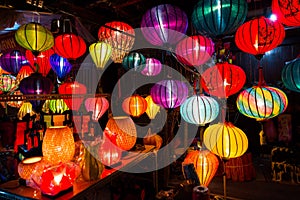 Handcrafted lanterns at night in ancient town Hoi An