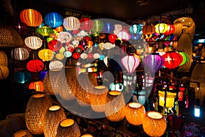 Handcrafted lanterns at night in ancient town Hoi An