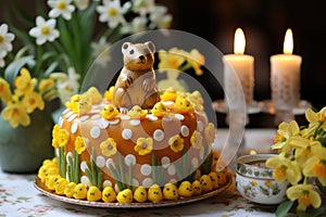 Handcrafted marzipan animals sit atop an elegantly decorated cake surrounded by almonds and pastel confections