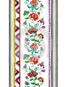 Handcrafted motifs - repeating floral stripe with embroidery Eastern european flowers, strips. Watercolor