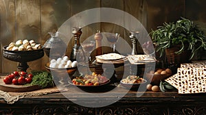 Handcrafted Passover Seder Plate with Matzah, Wine, Eggs, and Traditional Foods for Jewish Holiday