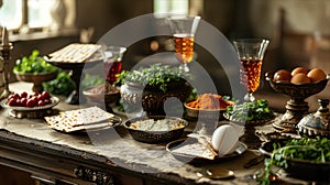 Handcrafted Passover Seder Plate with Matzah, Wine, Eggs, and Traditional Foods for Jewish Holiday