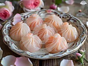 Handcrafted Pink Dumplings on Vintage Plate, Surrounded by Rose Petals on Rustic Wooden Background for Gourmet Asian Cuisine