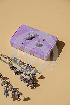 Handcrafted purple lavender soap with lavender flowers. Natural hydrating moisturiser softness cosmetic. Organic calming