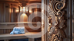 A handcrafted sauna interior with intricate carvings and details creating a cozy and intimate atmosphere.
