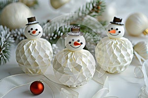 Handcrafted Snowmen Decorations with Carrot Noses and Brown Ribbons on Table