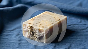A handcrafted soap bar rests on a blue fabric. The soap is rectangular with an off-white color,