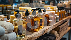 Handcrafted soap and liquid soap bottles on rustic display