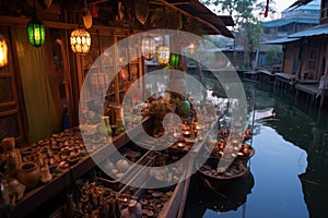 handcrafted souvenirs and trinkets in a floating market at dawn