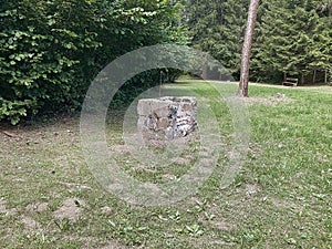 Handcrafted stone fireplace in the middle of a meadow in the woods