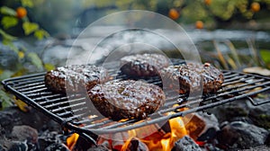 Handcrafted stone grill by riverbank with burgers ready for grilling on the grid