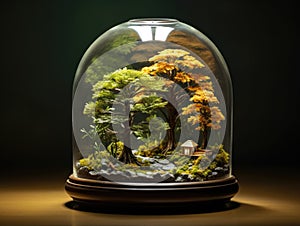 Handcrafted terrarium with miniature autumn trees and park bench on slate grey.