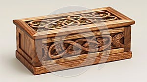 A handcrafted wooden box with a carved lid featuring a detailed design of intertwining moss and lichen patterns.
