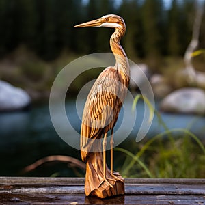 Handcrafted Wooden Heron Statue: A Whistlerian Precisionist Art Piece photo