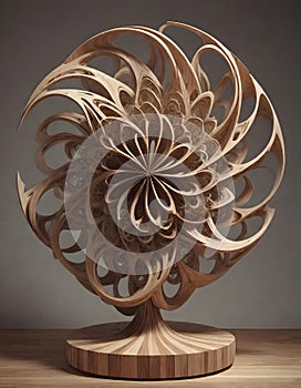 Handcrafted Wooden Sculpture with Swirling Patterns and Loops, generated with AI