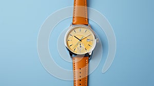 Handcrafted Yellow Watch On Brown And Blue Background