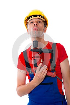 Handcrafter with helmet and drilling machine