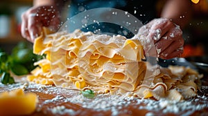 Handcrafting fresh lasagna pasta sheets with flour dusting in a home kitchen.