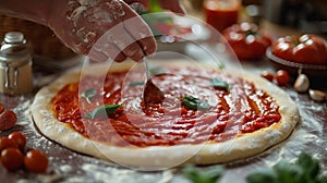 Handcrafting Pizza with Tomato Sauce and Fresh Basil. A dusted hand applies a spoonful of tomato sauce to a pizza base, with fresh