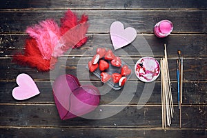 Handcrafting on a wooden floor background. View from above.