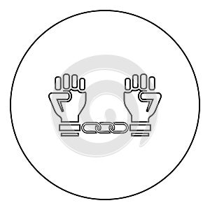 Handcuffed hands Chained human arms Prisoner concept Manacles on man Detention idea Fetters confine Shackles on person icon in photo