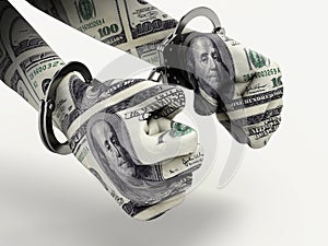 Handcuffed hands with dollar texture. 3D illustration