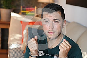 Handcuffed young man in the sofa