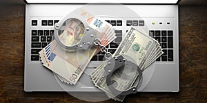 Handcuffs and banknotes on laptop keyboard background, 3d illustration