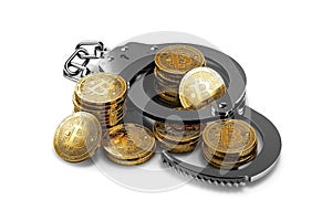 Handcuffs and bitcoin stack and piles isolated on white background.