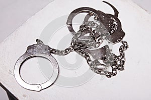 Handcuffs, Chain, White Background.