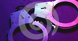 Handcuffs on a dark concrete background illuminated by colored light