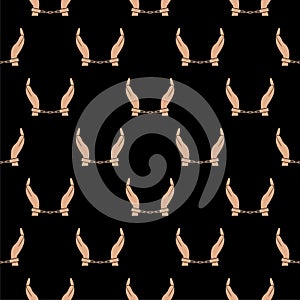 Handcuffs on hands seamless pattern isolated on black background