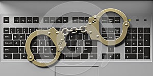 Handcuffs on laptop keyboard background, 3d illustration