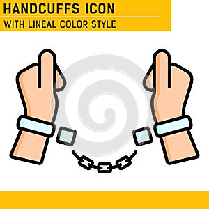 Handcuffs, manacles or shackles icon with lineal color style