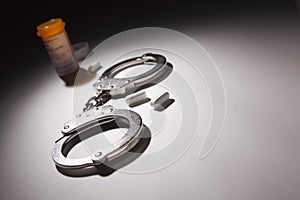 Handcuffs, Medicine Bottle and Pills Under Spot