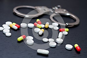 Handcuffs and pills and drugs on wooden table