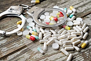 Handcuffs and pills and drugs on wooden table