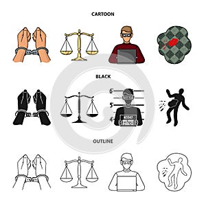 Handcuffs, scales of justice, hacker, crime scene.Crime set collection icons in cartoon,black,outline style vector
