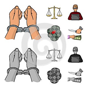 Handcuffs, scales of justice, hacker, crime scene.Crime set collection icons in cartoon,monochrome style vector symbol