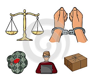 Handcuffs, scales of justice, hacker, crime scene.Crime set collection icons in cartoon style vector symbol stock
