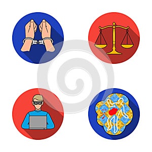 Handcuffs, scales of justice, hacker, crime scene.Crime set collection icons in flat style vector symbol stock