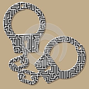 Handcuffs silhouette with maze or labyrinth texture. Isolated