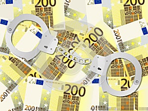Handcuffs on two hundred euro background