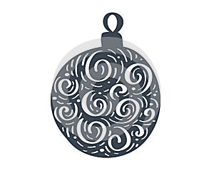 Handdraw scandinavian Christmas ball with ornament flourish vector icon silhouette. Simple gift contour symbol. Isolated