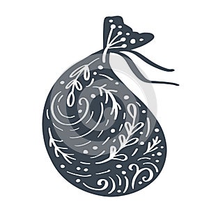 Handdraw scandinavian Christmas giftbag vector icon silhouette with flourish ornament. Simple gift contour symbol
