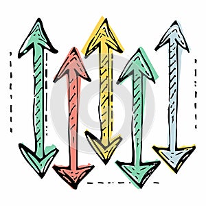 Handdrawn arrows colorful sketch pointing up down directions. Multicolored doodle arrows cartoon