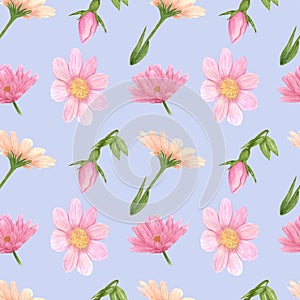 Handdrawn aster seamless pattern. Watercolor pink flowers with green leaves on the mint background. Scrapbook design, typography